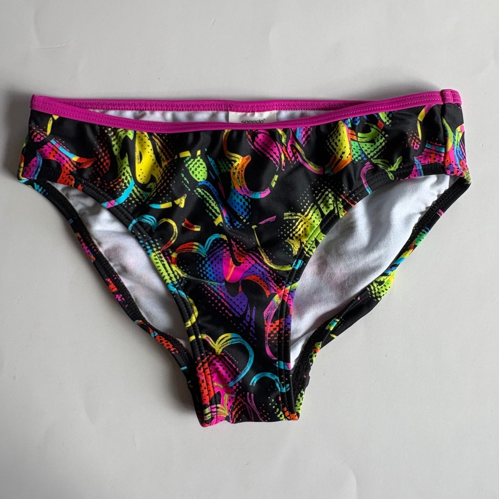 Speedo Girls Size 12 Bikini Bottom Neon Heart Print Black Pink Swimsuit New